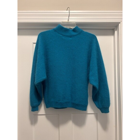 Vintage Women's Medium Teal Blue Angora Rabbit Hair Lambswool Mock Neck Sweater - Picture 4 of 4